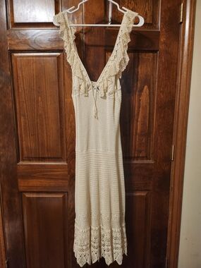 Vintage Ralph Lauren Cream Hand Crochet Maxi Dress with Ruffle V-Neck